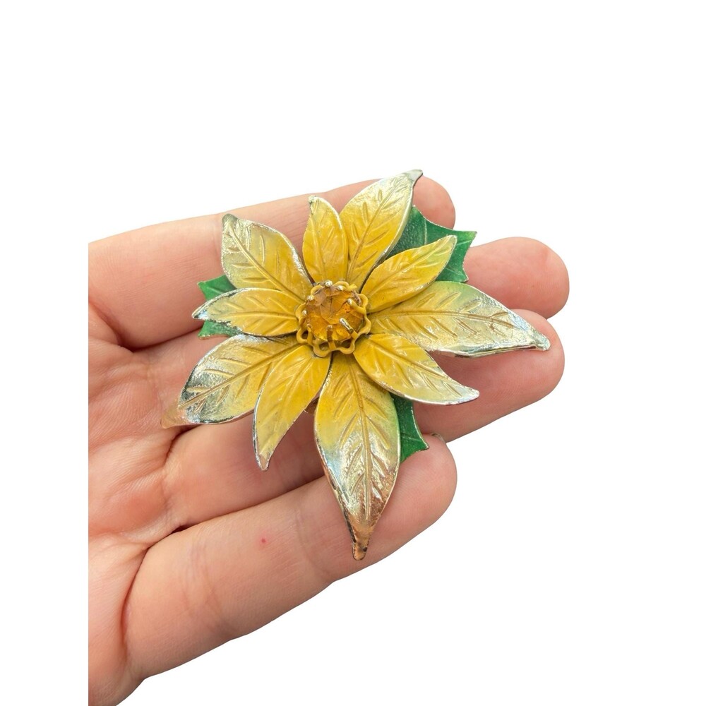 Vintage Jewelry Yellow Flower Brooch Unique Floral Pin with Rhinestone